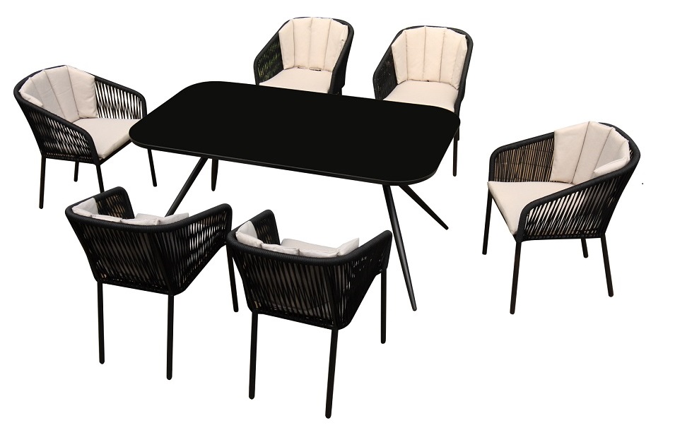 6-Seat Outdoor Rope Chair & Glass Table Dining Set