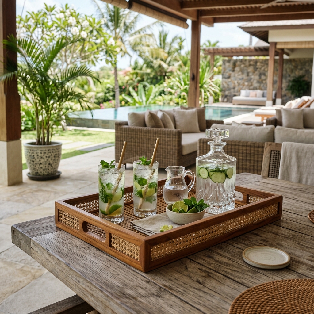 Cane Africa Burmese Teak & Woven Cord Butler Tray